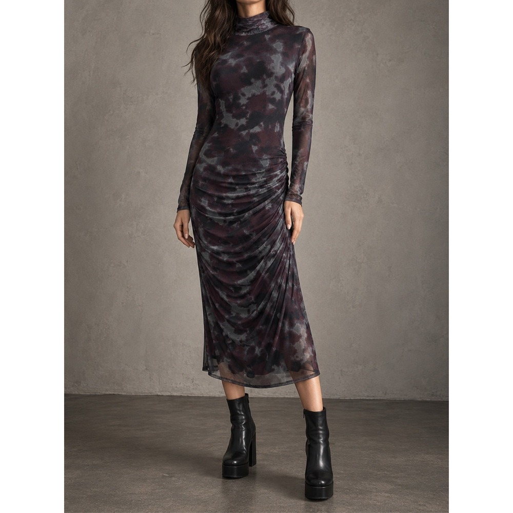 Allison Joy Grunge Mesh Midi Dress Mock Neck Ruched Abstract Tie Dye Small